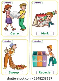 Flashcards used verbs with verb pictures. The most common English Verbs that kids must know to learn how to build a sentence. Carry, hang, weep, and recycle