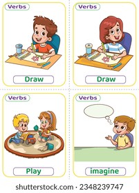 Flashcards used verbs with verb pictures. The most common English Verbs that kids must know to learn how to build a sentence. Draw, play, and imagine