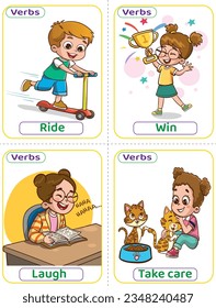 Flashcards used verbs with verb pictures. The most common English Verbs that kids must know to learn how to build a sentence. Ride, win, laugh, and take care