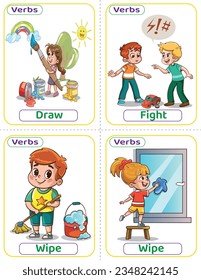 Flashcards usó verbos con imágenes verbales. Los verbos en inglés más comunes que los niños deben saber para aprender a construir una frase. Dibujar, luchar y borrar