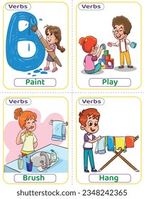 Die Flashcards benutzten Verben mit Verb-Bildern. Die häufigsten englischen Verben, die Kinder lernen müssen, wie man einen Satz baut. Paint, hang, Bürste und Spiel