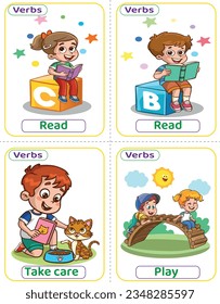 Flashcards used verbs with verb pictures. The most common English Verbs that kids must know to learn how to build a sentence. Read, take care, and play