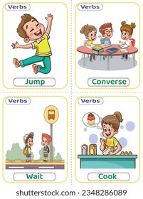 Flashcards used verbs with verb pictures. The most common English Verbs that kids must know to learn how to build a sentence. Jump, converse, wait, and cook