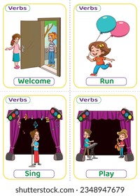 Flashcards usó verbos con imágenes verbales. Los verbos en inglés más comunes que los niños deben saber para aprender a construir una frase. Bienvenida, corre, canta y juega