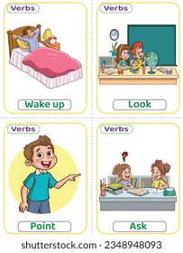 Flashcards used verbs with verb pictures. The most common English Verbs that kids must know to learn how to build a sentence. Wake up, look, point, and ask