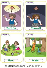 Flashcards used verbs with verb pictures. The most common English Verbs that kids must know to learn how to build a sentence. turn on, turn off, plant, and water