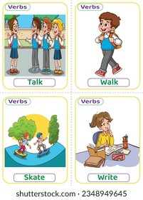 Flashcards usó verbos con imágenes verbales. Los verbos en inglés más comunes que los niños deben saber para aprender a construir una frase. Habla, camina, patina y escribe