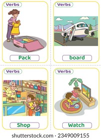 Flashcards usó verbos con imágenes verbales. Los verbos en inglés más comunes que los niños deben saber para aprender a construir una frase. Empaquetar, embarcar, comprar y mirar