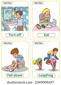 Flashcards usó verbos con imágenes verbales. Los verbos en inglés más comunes que los niños deben saber para aprender a construir una frase. Apagarse, comer, caer y saltar