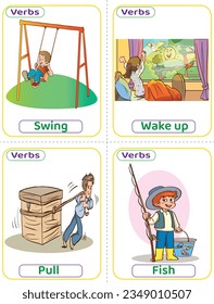 Die Flashcards benutzten Verben mit Verb-Bildern. Die häufigsten englischen Verben, die Kinder lernen müssen, wie man einen Satz baut. Schauen, aufwachen, ziehen und fischen