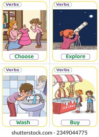 Die Flashcards benutzten Verben mit Verb-Bildern. Die häufigsten englischen Verben, die Kinder lernen müssen, wie man einen Satz baut. Wählen, entdecken, waschen und kaufen.