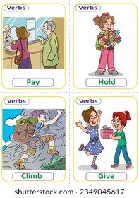 Die Flashcards benutzten Verben mit Verb-Bildern. Die häufigsten englischen Verben, die Kinder lernen müssen, wie man einen Satz baut. Bezahlen, halten, klettern, geben