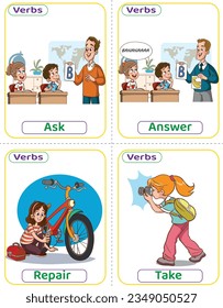 Flashcards used verbs with verb pictures. The most common English Verbs that kids must know to learn how to build a sentence. Ask, answer, repair, and take