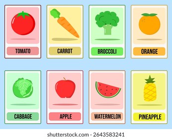 Flashcards of vegetables and fruits for kids 
