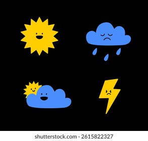 Flashcards with weather elements background for kisd.colored set of vector sticker simple decorative elements. Various  Weather Icons Collection. Temperature, Cloud, Sun, Sky Symbols, Emojis Set. 

