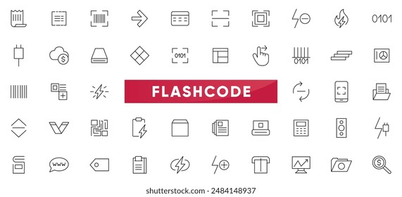 Flashcode linear icon set. Online, barcode, payment, details, code, scan outline icon collection. UI thin outline icons pack.