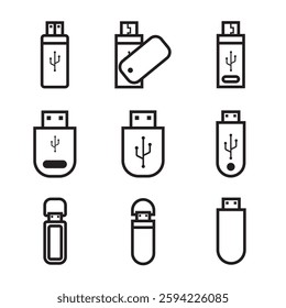 Flashdisk icon set line vector design illustration. External drive memory icon, external storage, harddisk line vector design illustration. 