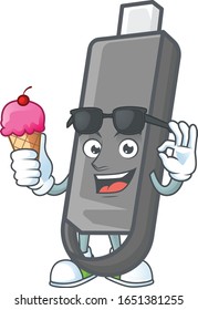 Flashdisk mascot cartoon style eating an ice cream
