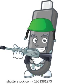 Flashdisk-Maskottdesign in einer Armeeuniform mit Maschinengewehr
