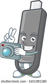 A flashdisk Photographer cartoon character in action with a camera