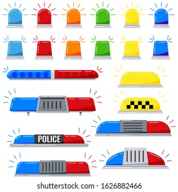 Flashers siren vector icon set isolated on white background. Red, blue, yellow, orange, green color alert flashing lights in a flat style. Siren police or ambulance light.