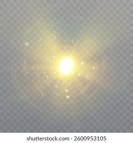 Flashes of bright light on transparent background. Vector glow effect of flickering glare. Abstract ignition of lens flare.