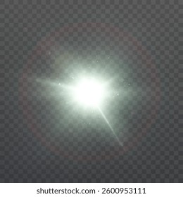 Flashes of bright light on transparent background. Vector glow effect of flickering glare. Abstract ignition of lens flare.