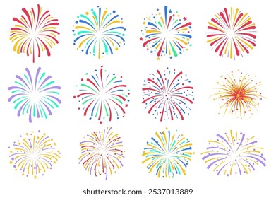 Destellos de saludos de celebración mega Elementos en Diseño gráfico plano. Objetos de colección de coloridos fuegos artificiales del festival que explotan, pirotecnia petarda en espectáculo de cielo festivo. Ilustración vectorial.