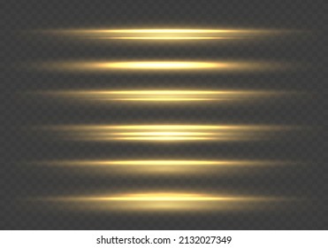 Flashes and glare of gold color. Golden horizontal lens flares pack, laser beams, light flare. Set of yellow line. Streaking warm color. Luminous abstract sparkling lined background. Vector