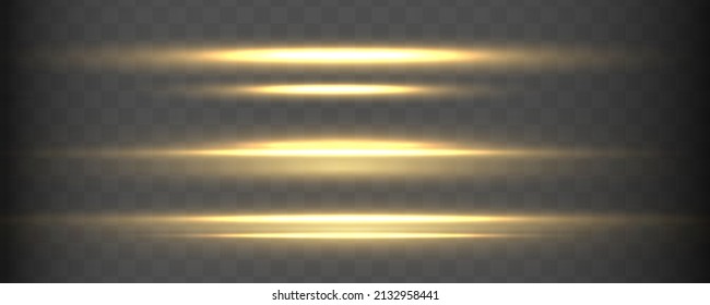 Flashes and glare of gold color. Golden horizontal lens flares pack, laser beams, light flare. Set of yellow line. Streaking warm color. Luminous abstract sparkling lined background. Vector