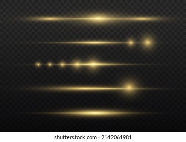 Flashes and glare of gold color. Golden horizontal lens flares pack, laser beams, light flare. Set of yellow line. Streaking warm color. Luminous abstract sparkling lined background. Vector