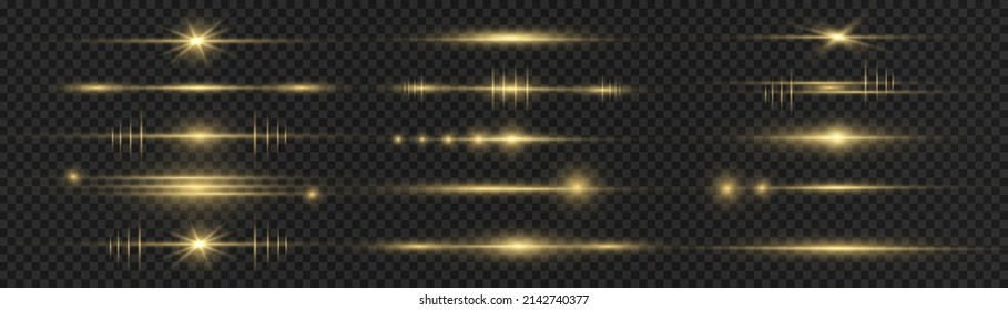 Flashes and glare of gold color. Golden horizontal lens flares pack, laser beams, light flare. Set of yellow line. Streaking warm color. Luminous abstract sparkling lined background. Vector