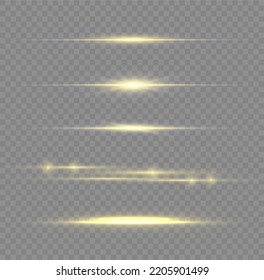 Flashes and glare of gold color. Golden horizontal lens flares pack, laser beams, light flare. Set of yellow line. Streaking warm color. Luminous abstract sparkling lined background. Vector