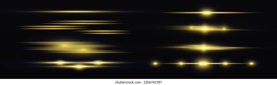 Flashes and glare of gold color. Golden horizontal lens flares pack, laser beams, light flare. Set of yellow line. Streaking warm color. Luminous abstract sparkling lined background. Vector