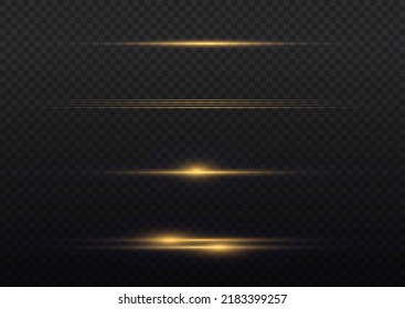 Flashes and glare of gold color. Horizontal linear rays, shiny explosion. Luminous abstract sparkling lined background. Golden and yellow light flashes, glow line. Flash lights. Luminous trail. Vector