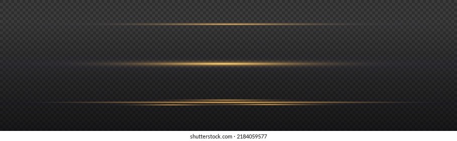 Flashes y resplandor de color dorado. Rayos lineales horizontales, explosión brillante. Luminoso fondo brillante abstracto. Luces doradas y amarillas, línea de brillo. Luces flash. Trayecto luminoso. Vector