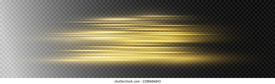 Flashes and glare of gold color. Horizontal linear rays, shiny explosion. Luminous abstract sparkling lined background. Golden and yellow light flashes, glow line. Flash lights. Luminous trail. Vector