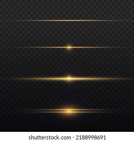 Flashes and glare of gold color. Horizontal linear rays, shiny explosion. Luminous abstract sparkling lined background. Golden and yellow light flashes, glow line. Flash lights. Luminous trail. Vector