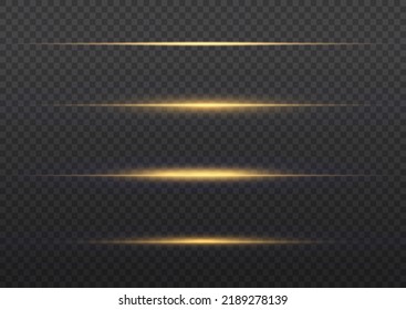 Flashes and glare of gold color. Horizontal linear rays, shiny explosion. Luminous abstract sparkling lined background. Golden and yellow light flashes, glow line. Flash lights. Luminous trail. Vector