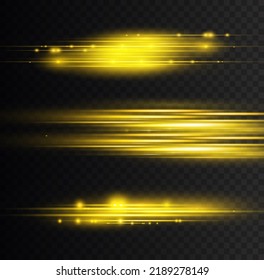 Flashes and glare of gold color. Horizontal linear rays, shiny explosion. Luminous abstract sparkling lined background. Golden and yellow light flashes, glow line. Flash lights. Luminous trail. Vector