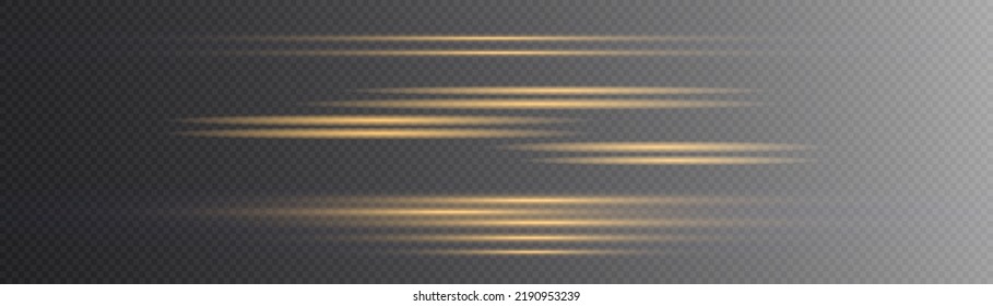 Flashes and glare of gold color. Horizontal linear rays, shiny explosion. Luminous abstract sparkling lined background. Golden and yellow light flashes, glow line. Flash lights. Luminous trail. Vector