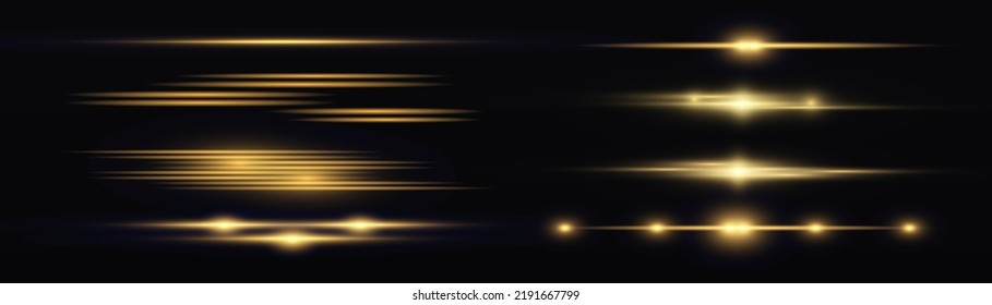 Flashes and glare of gold color. Horizontal linear rays, shiny explosion. Luminous abstract sparkling lined background. Golden and yellow light flashes, glow line. Flash lights. Luminous trail. Vector