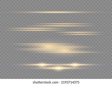 Flashes and glare of gold color. Horizontal linear rays, shiny explosion. Luminous abstract sparkling lined background. Golden and yellow light flashes, glow line. Flash lights. Luminous trail. Vector