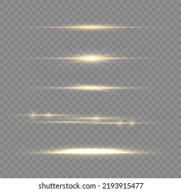 Flashes and glare of gold color. Horizontal linear rays, shiny explosion. Luminous abstract sparkling lined background. Golden and yellow light flashes, glow line. Flash lights. Luminous trail. Vector