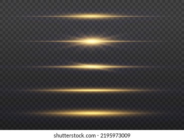 Flashes and glare of gold color. Horizontal linear rays, shiny explosion. Luminous abstract sparkling lined background. Golden and yellow light flashes, glow line. Flash lights. Luminous trail. Vector