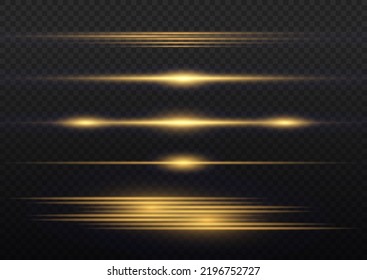 Flashes y resplandor de color dorado. Rayos lineales horizontales, explosión brillante. Luminoso fondo brillante abstracto. Luces doradas y amarillas, línea de brillo. Luces flash. Trayecto luminoso. Vector