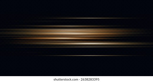 Flashes and glare of gold color. Horizontal linear rays, shiny explosion. Luminous abstract sparkling lined background. Golden and yellow light flashes, glow line. Flash lights. Luminous trail. Vector