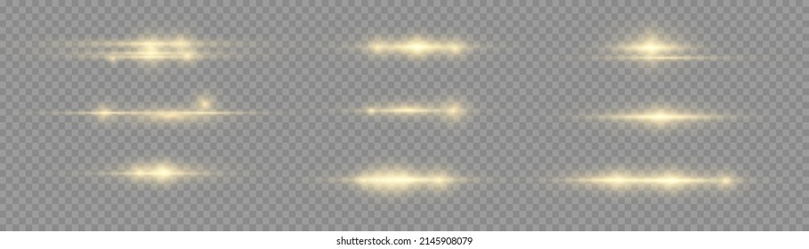 Blitze und Glanz der goldenen Farbe. Leuchtender abstrakter, funkelnder Hintergrund. Goldene und gelbe Lichtblitze, glänzende Linie. Blitzlichter. Leuchtender Weg. Horizontale lineare Strahlen, glänzende Explosion. Vektorgrafik