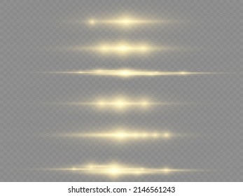 Flashes and glare of gold color. Luminous abstract sparkling lined background. Golden and yellow light flashes, glow line. Flash lights. Luminous trail. Horizontal linear rays, shiny explosion. Vector