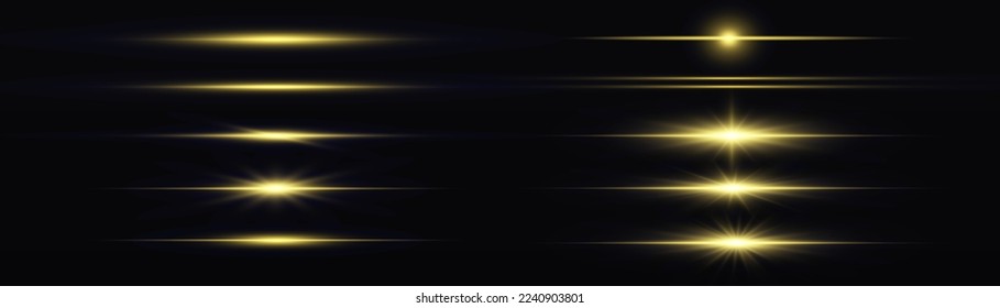 Flashes and glare of gold color. Luminous abstract sparkling lined background. Horizontal linear rays, shiny explosion. Golden and yellow light flashes, glow line. Flash lights. Luminous trail. Vector